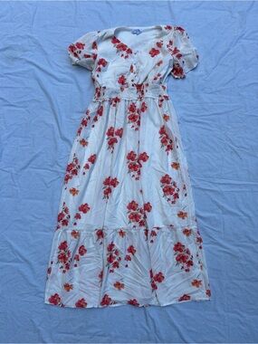 White Polagram Maxi Dress with Red Floral Print Size Large Nursing Friendly